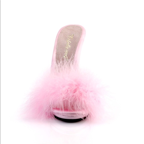 Marabou Fur / Satin Slide Sandal Baby Pink - Picture 3 of 6
